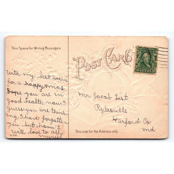 Vintage Embossed Merry Christmas Postcard with Holly & Ribbon Design - Picture 2 of 2